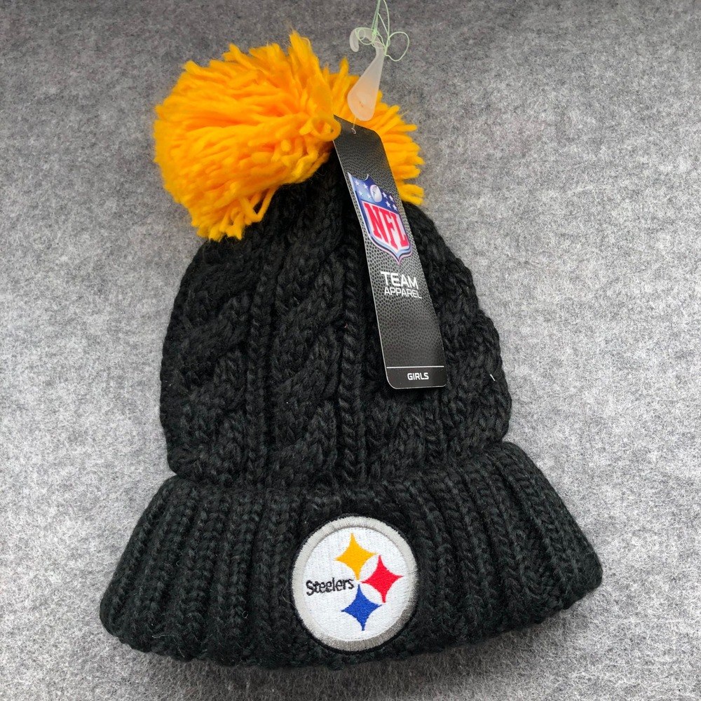 NWT NFL Pittsburgh Steelers Knit Pom‎ Pom Beanie Hat Girls One Size Black Winter